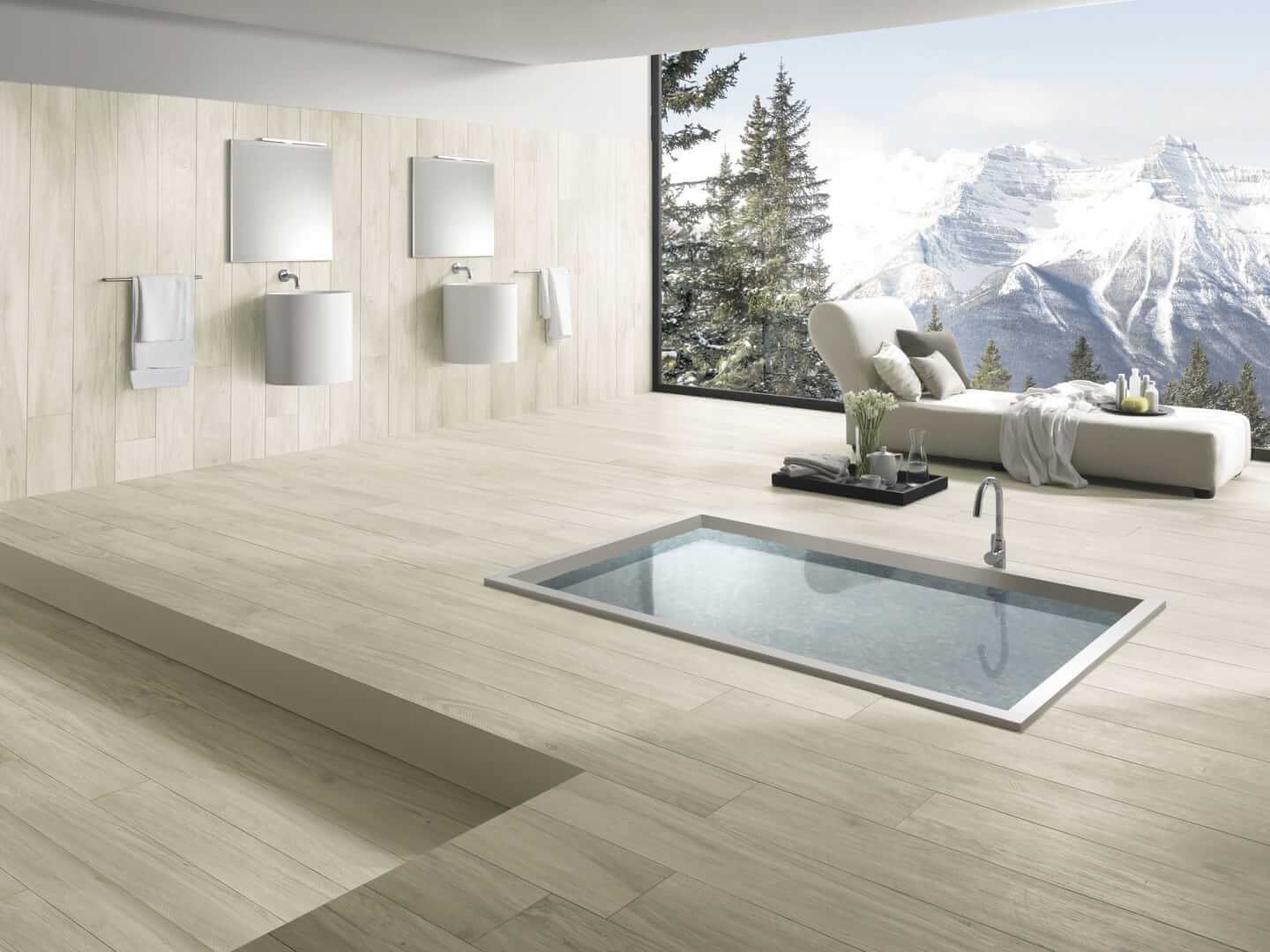 Bagno moderno minimal con rivestimenti pareti e pavimento in parquet