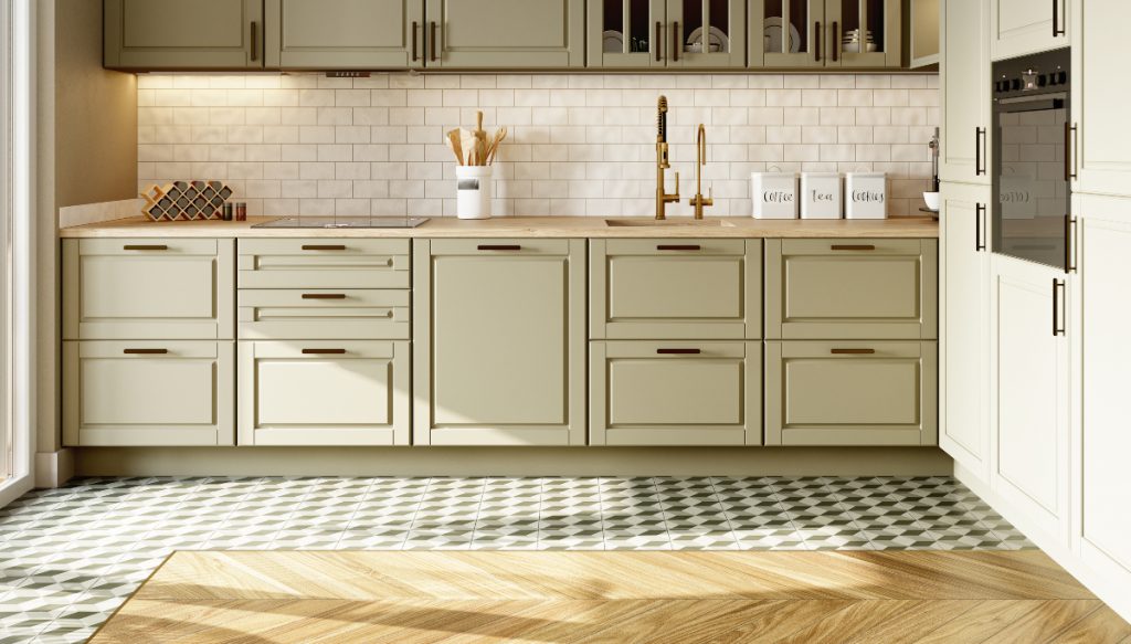 Cucina con rivestimenti in mattoncino bianco e pavimento con forme geometriche bianche e nere.