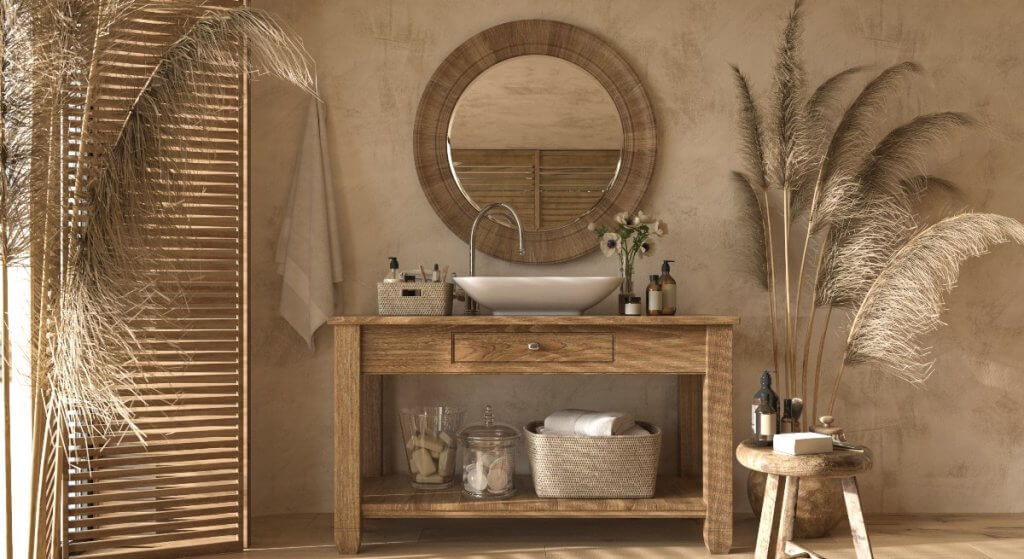 bagno in stile japandi con lavabo d'appoggio bianco su mobile in legno e pampas.