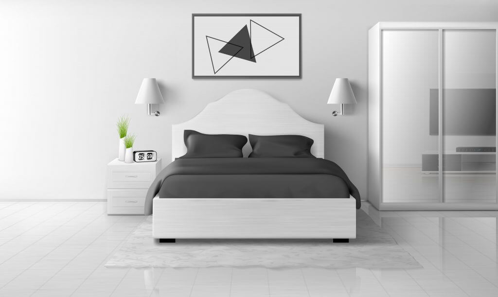 Camera da letto in stile minimal e quadro con forme geometriche