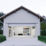 Casa con giardino con garage aperto