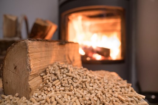 Stufa a pellet con legno e fuoco