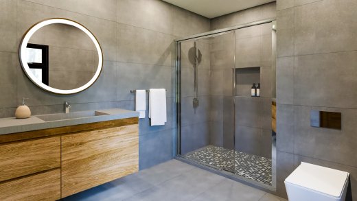 Bagno con specchio, luci al led e box doccia con lavandino